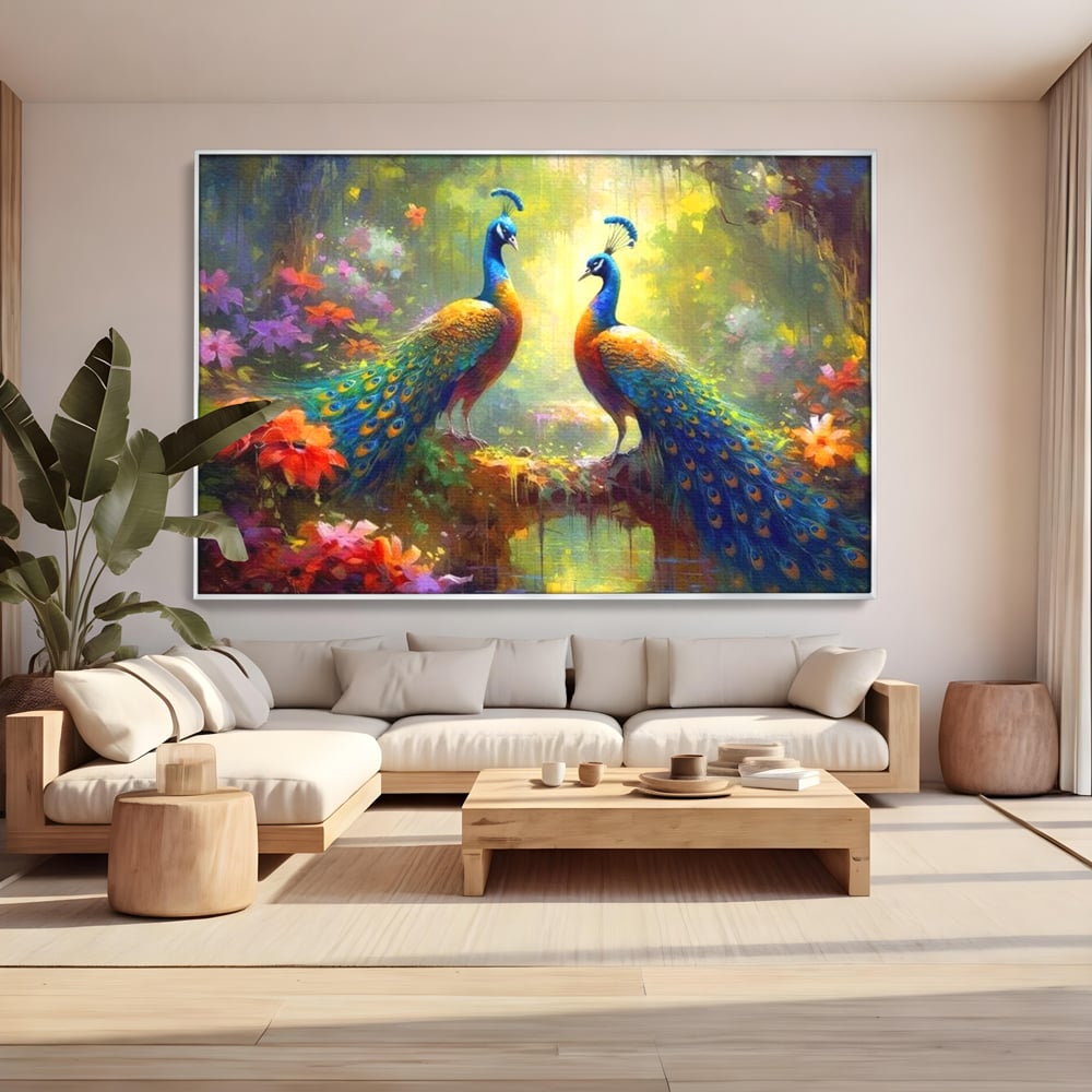 Tablou canvas cu tablou canvas cu doi pauni colorati, in rama de aluminiu argintiu, pe perete intr-un living
